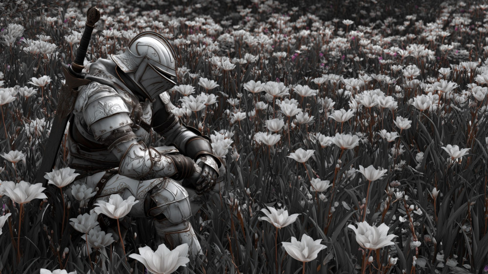 Silent Knight in a Moonlit Flower Field wallpaper