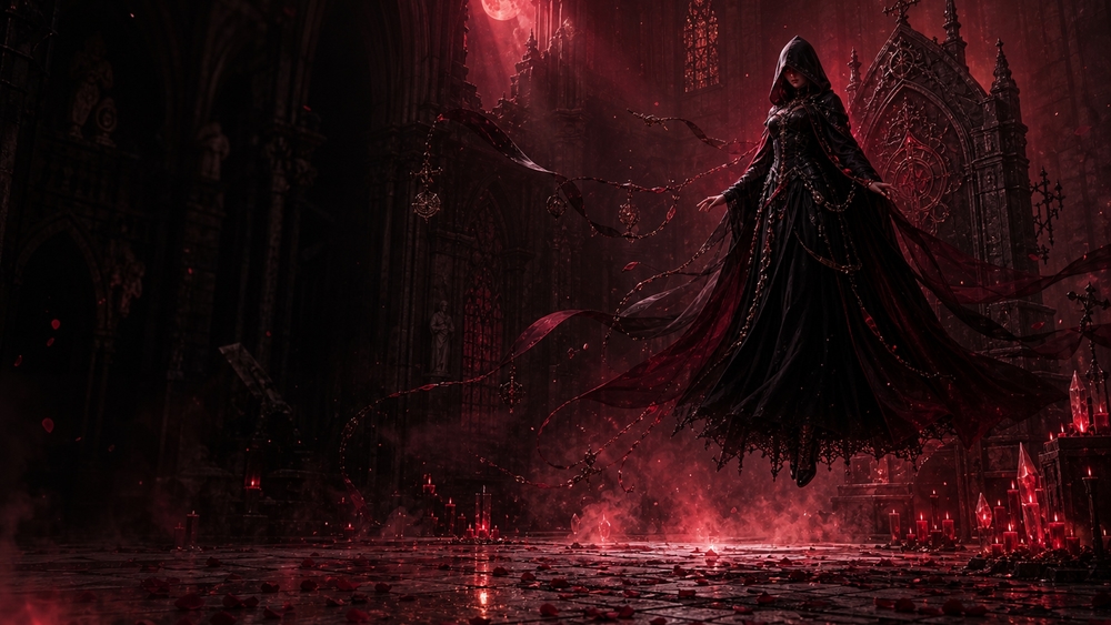 Crimson Gothic Sorceress in Haunted Cathedral wallpaper