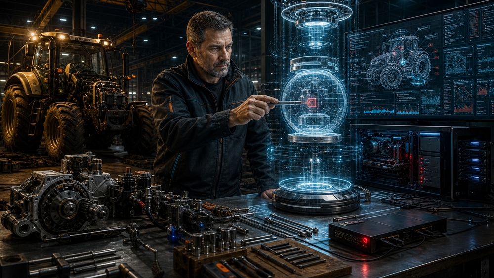 Futuristic Tractor Diagnostics in Holographic Workshop wallpaper