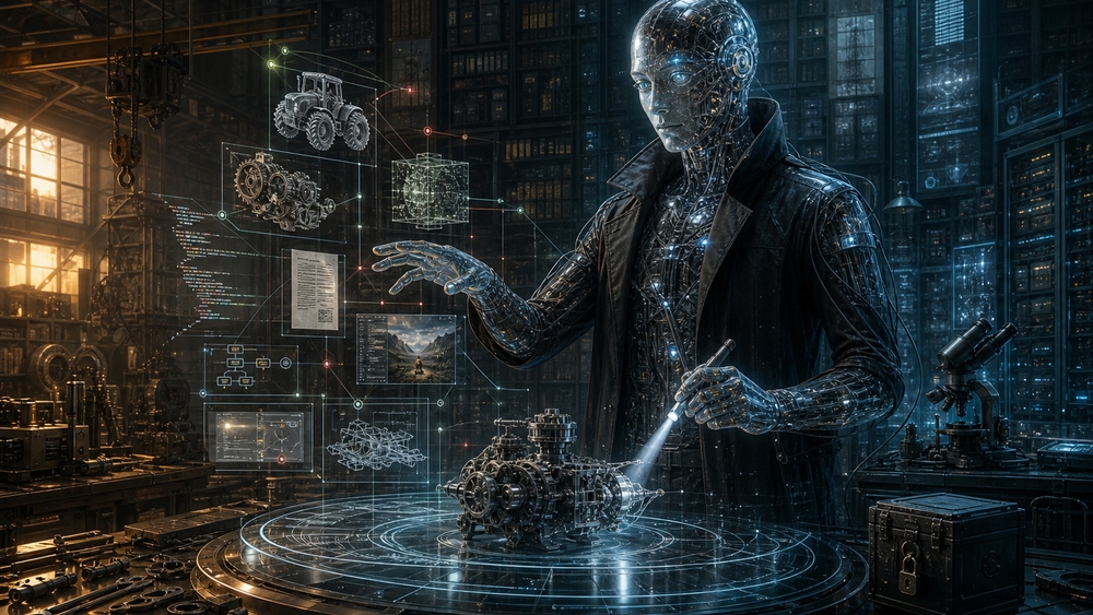 Cybernetic Artisan in the Holographic Workshop wallpaper