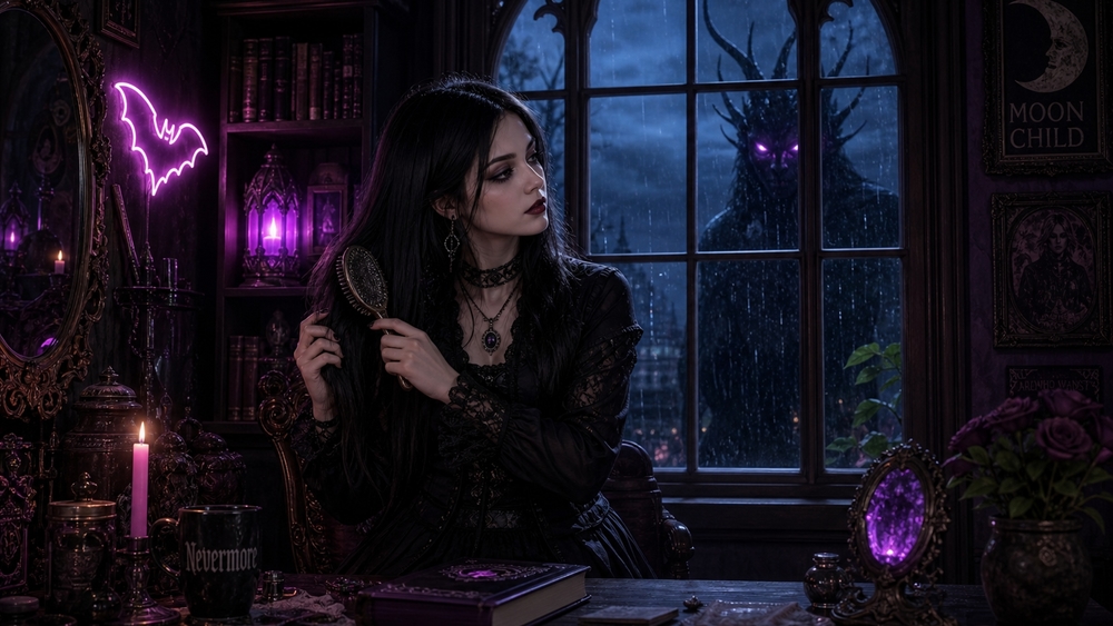 Moonlit Gothic Girl in a Haunted Violet Chamber wallpaper