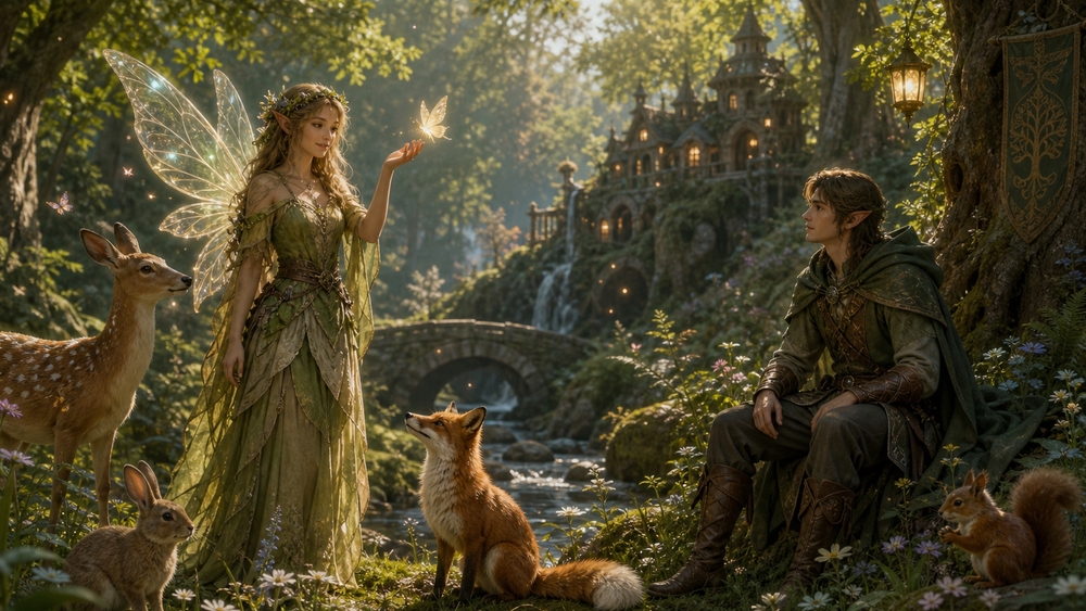 Enchanted Woodland of Elves and Light wallpaper