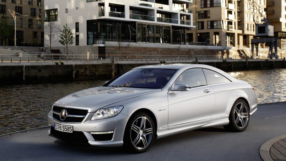 Silver Mercedes Coupe by the Waterfront wallpaper