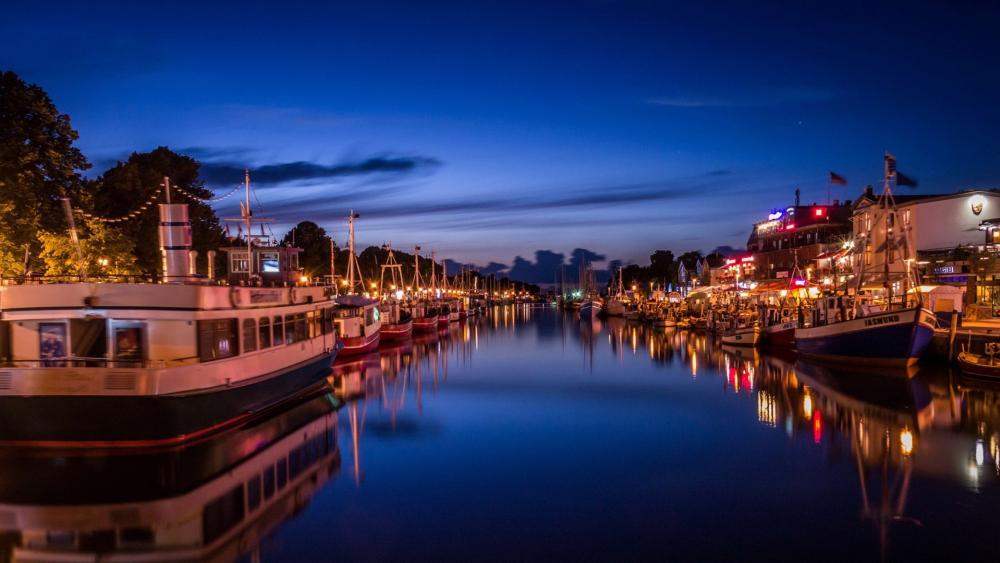 Twilight Harbor Reflections in Warnemunde wallpaper