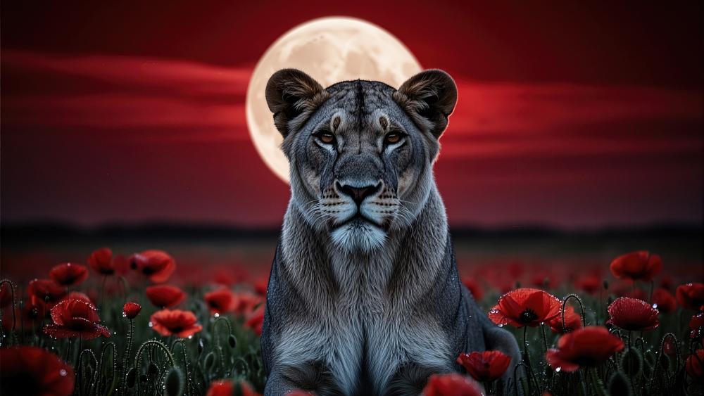 Moonlit Lioness in Crimson Field wallpaper