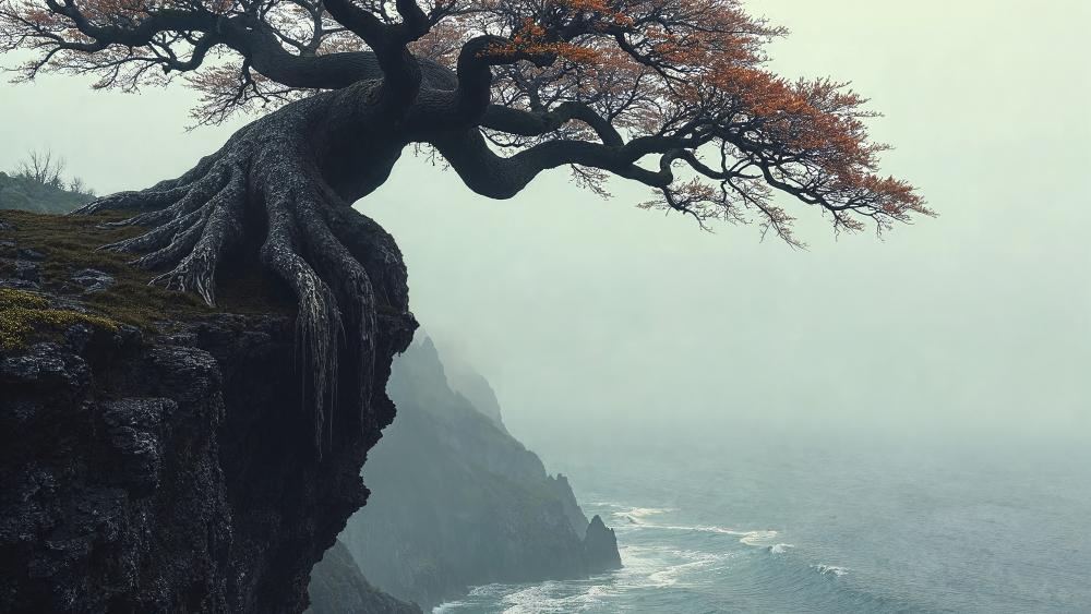 Ancient Tree Over Misty Sea wallpaper