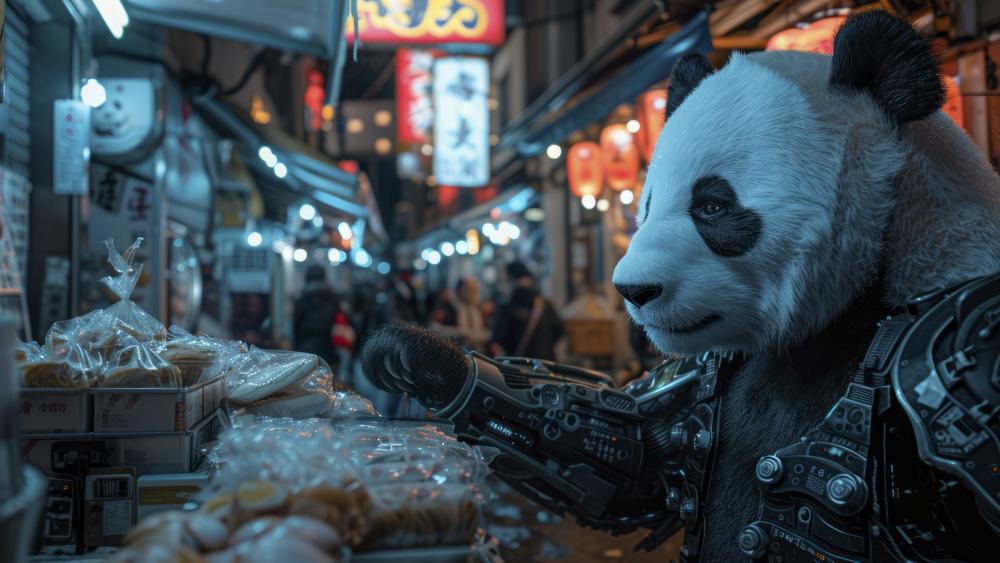 Cyberpunk Panda Market Sentinel wallpaper