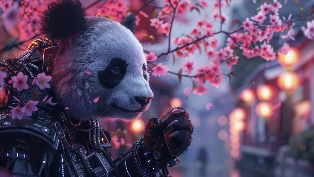 Cyberpunk Panda Beneath Sakura Lights wallpaper