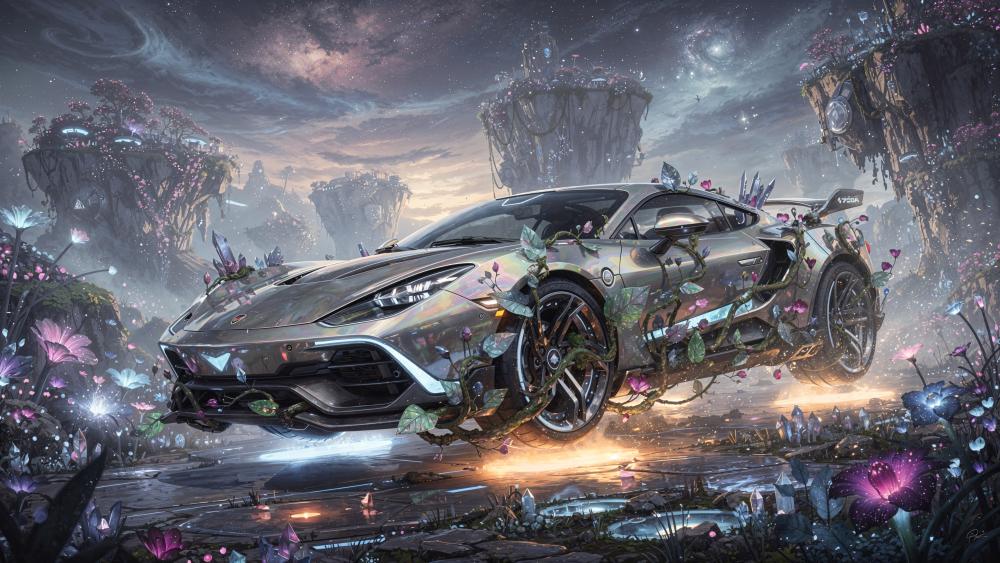 Neon Hypercar Over Floating Isles wallpaper