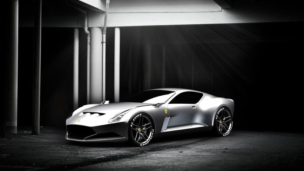 Silver Ferrari in Dramatic Garage Light wallpaper