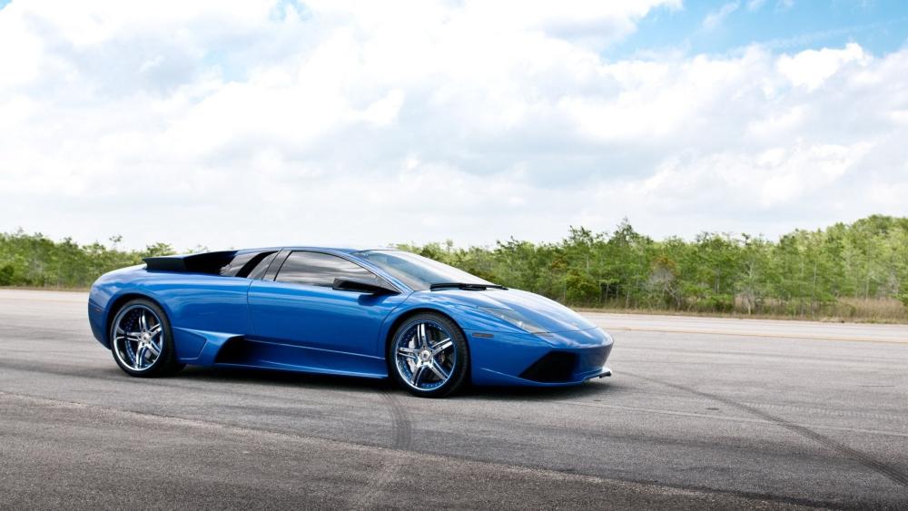 Blue Lamborghini Murcielago on Open Road wallpaper