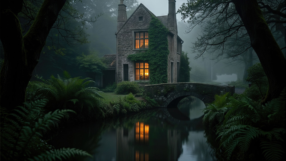Enchanted Cottage by the Misty River wallpaper