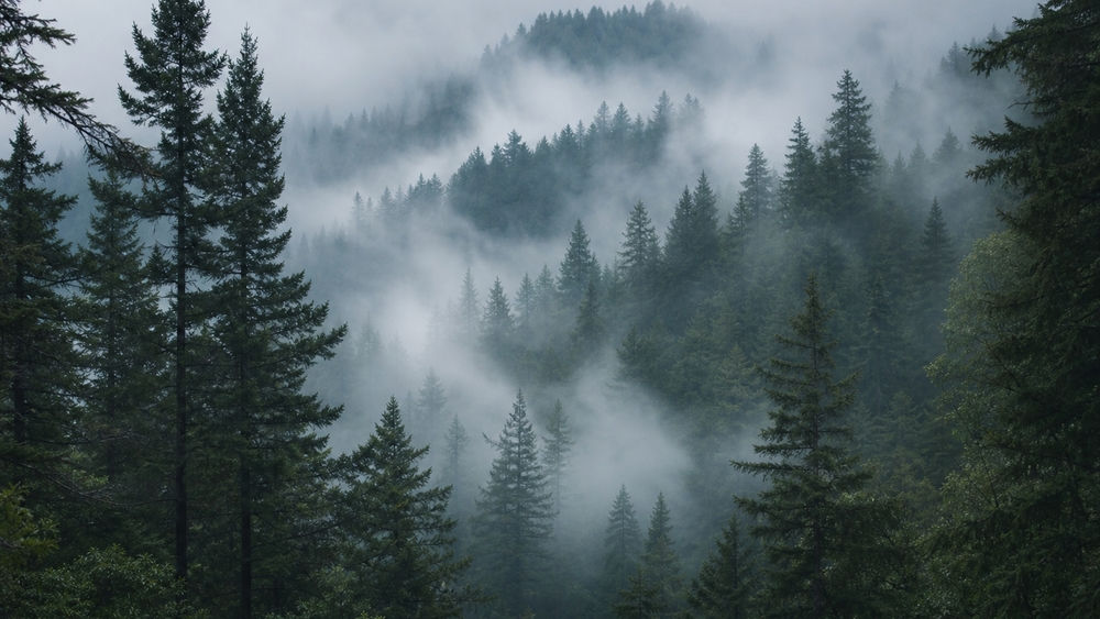 Misty Evergreen Forest Retreat wallpaper