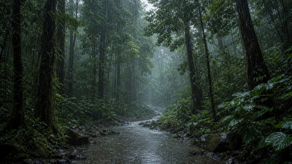 Rainy Mist Through the Dense Forest wallpaper