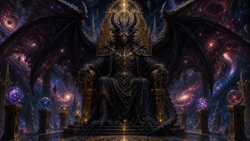 Cosmic Dragon King on Dark Throne wallpaper