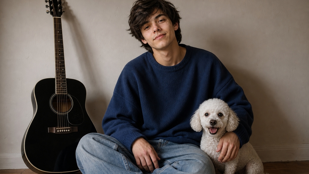 Cozy Music Moment with Young Man and White Poodle wallpaper