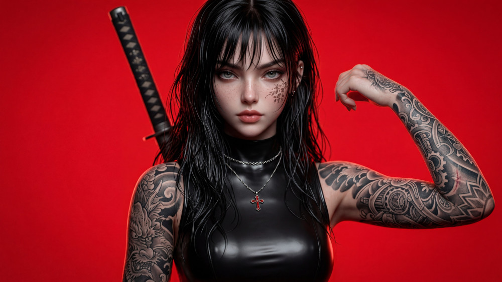Tattooed Samurai Queen in Crimson Light wallpaper