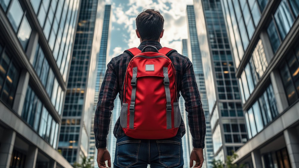 Urban Traveler Between Towering Skyscrapers wallpaper