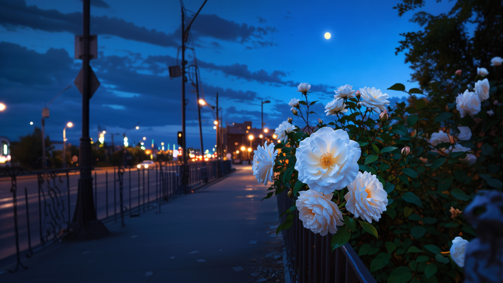Moonlit Roses Along the City Walk wallpaper