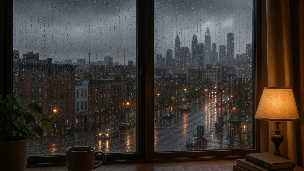 Rainy City Lights Through a Cozy Window wallpaper