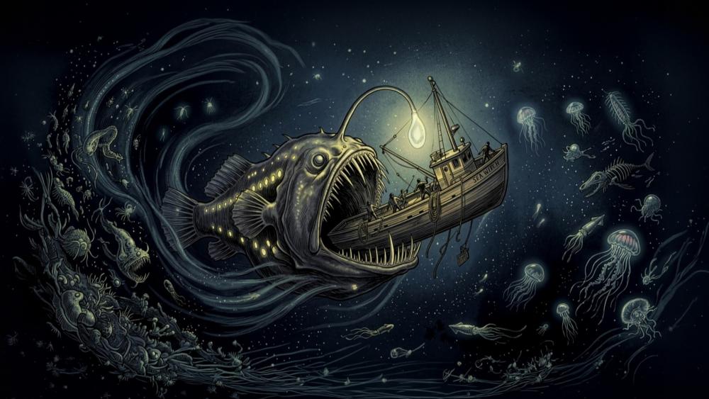 Lanternfish Attacking Fishing boat wallpaper