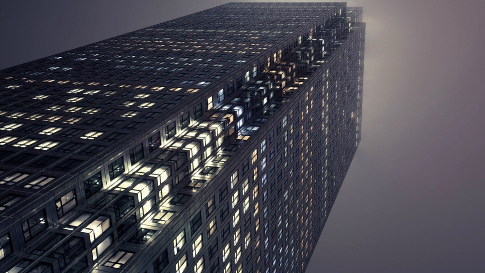 Foggy Tower Rising Above the City wallpaper