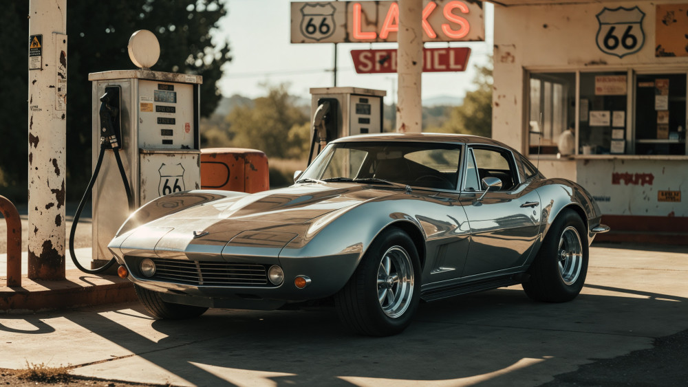 Route 66 Corvette at Vintage Gas Station wallpaper