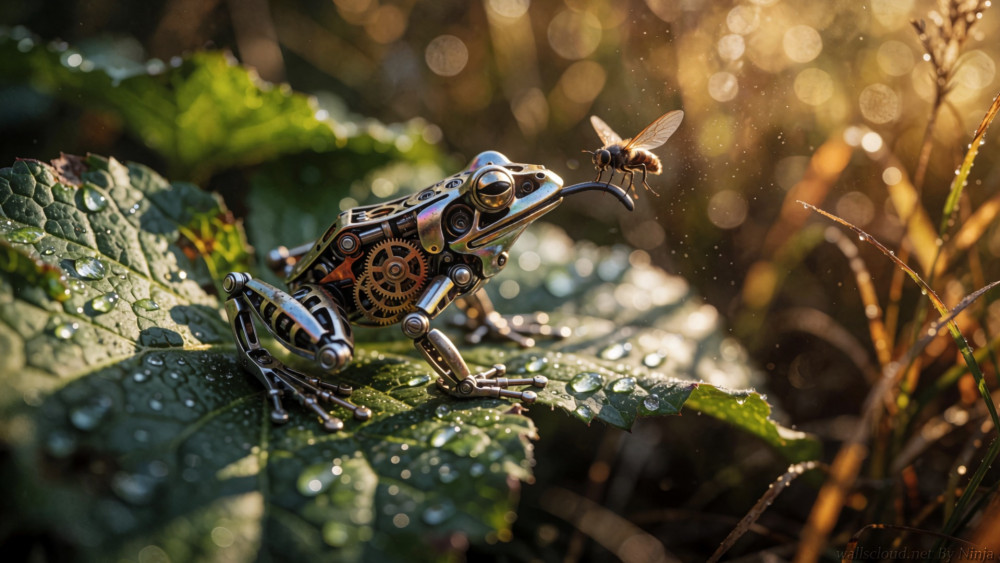 Steampunk Frog in Golden Meadow wallpaper