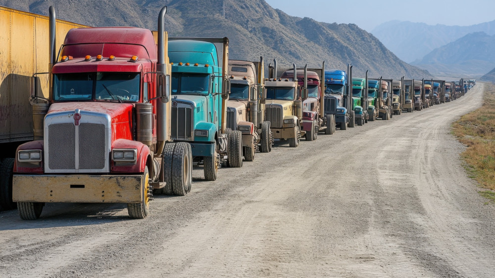 Vintage Truck Convoy on Dusty Mountain Road wallpaper
