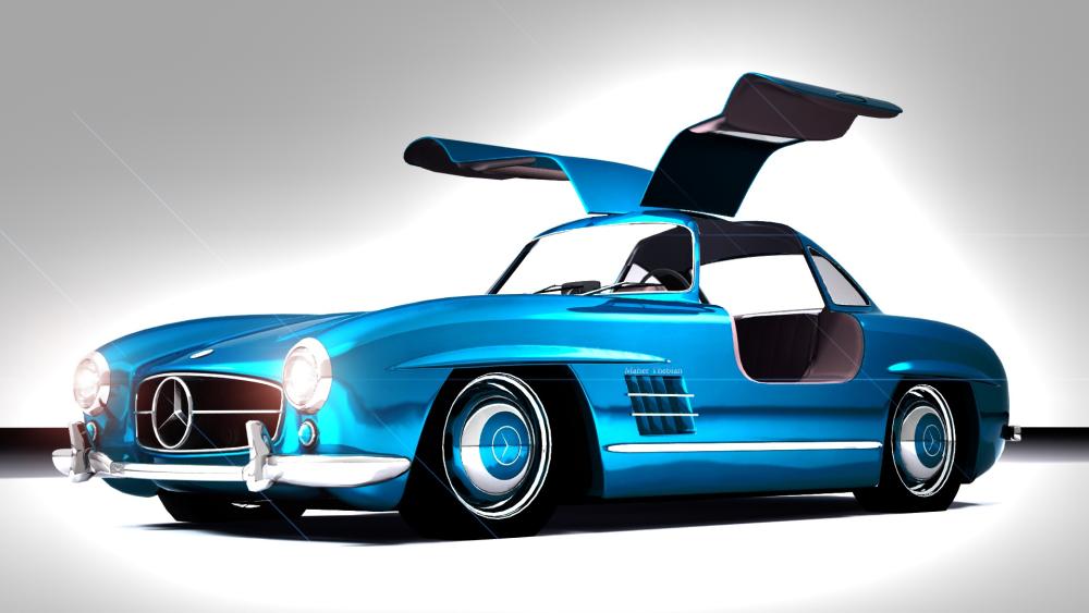 Blue Gullwing Classic Mercedes on White wallpaper