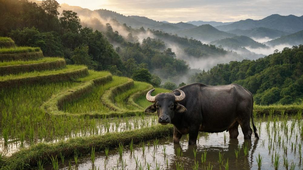 Water Buffalo And The Rice Terrace wallpaper