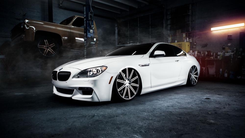 White BMW Coupe in Moody Garage wallpaper