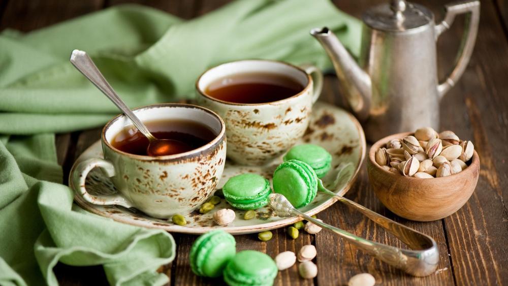 Elegant Teatime with Pistachio Macarons wallpaper