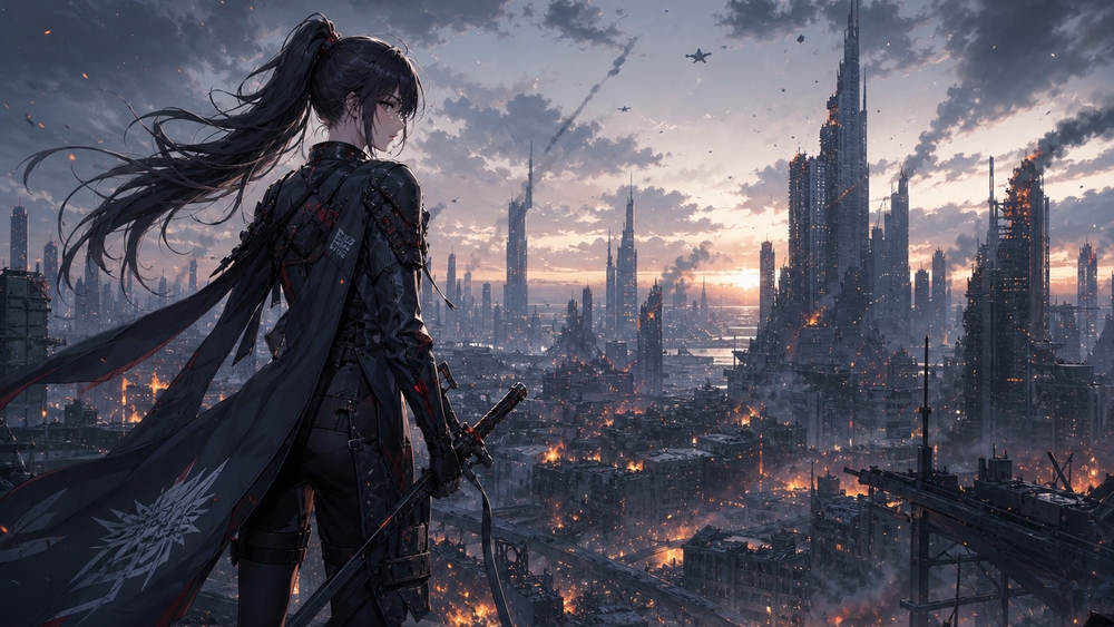 Silent Warrior Over Ashen Ruins wallpaper
