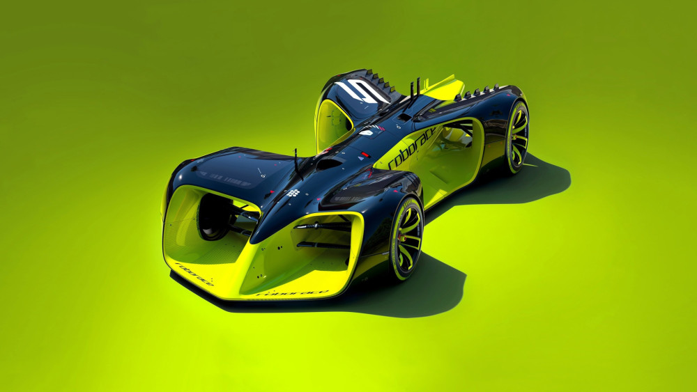 Futuristic Roborace Hypercar on Neon Track wallpaper