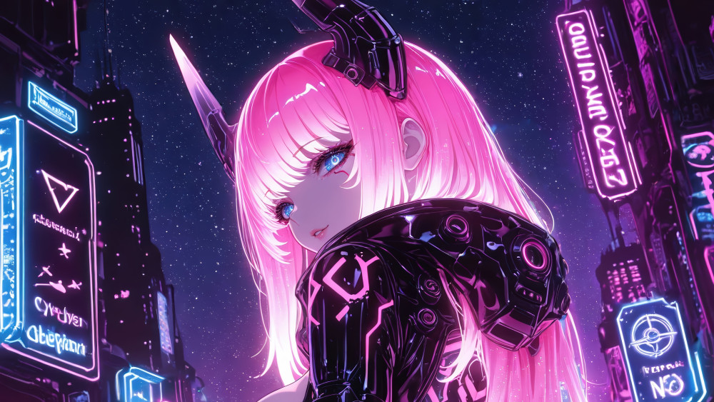 Neon Horned Cyberpunk Girl in Futuristic City wallpaper