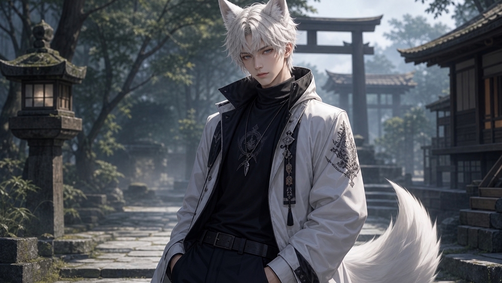 Moonlit Wolf Spirit in Ancient Shrine wallpaper