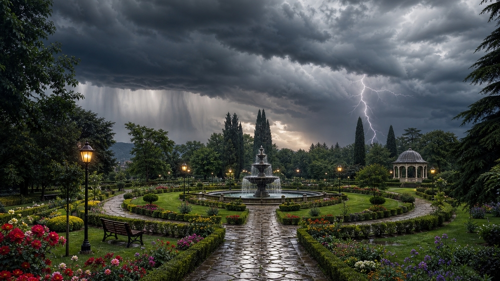 Storm Over Serene Garden wallpaper