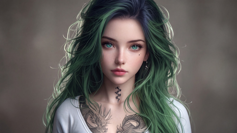Emerald Haired Dragon Tattooed Anime Girl wallpaper