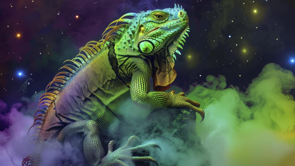 Neon Iguana in Cosmic Smoke wallpaper