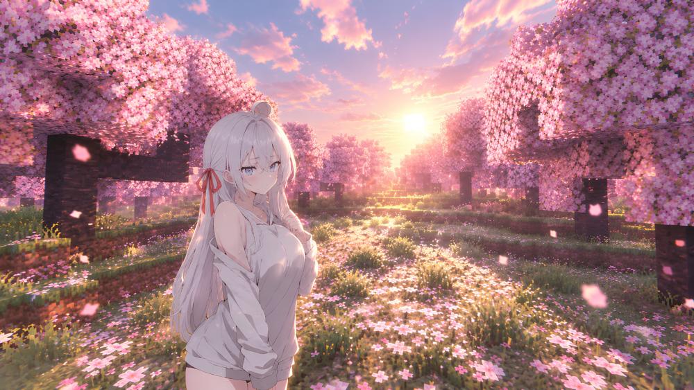 White-Haired Anime Girl in a Minecraft Cherry Blossom Grove - backiee