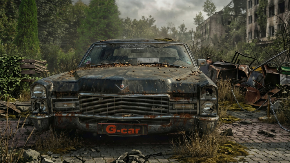 1000 Rust Scrap Rusty Cadillac DeVille in a Post-Apocalyptic Ruin - backiee