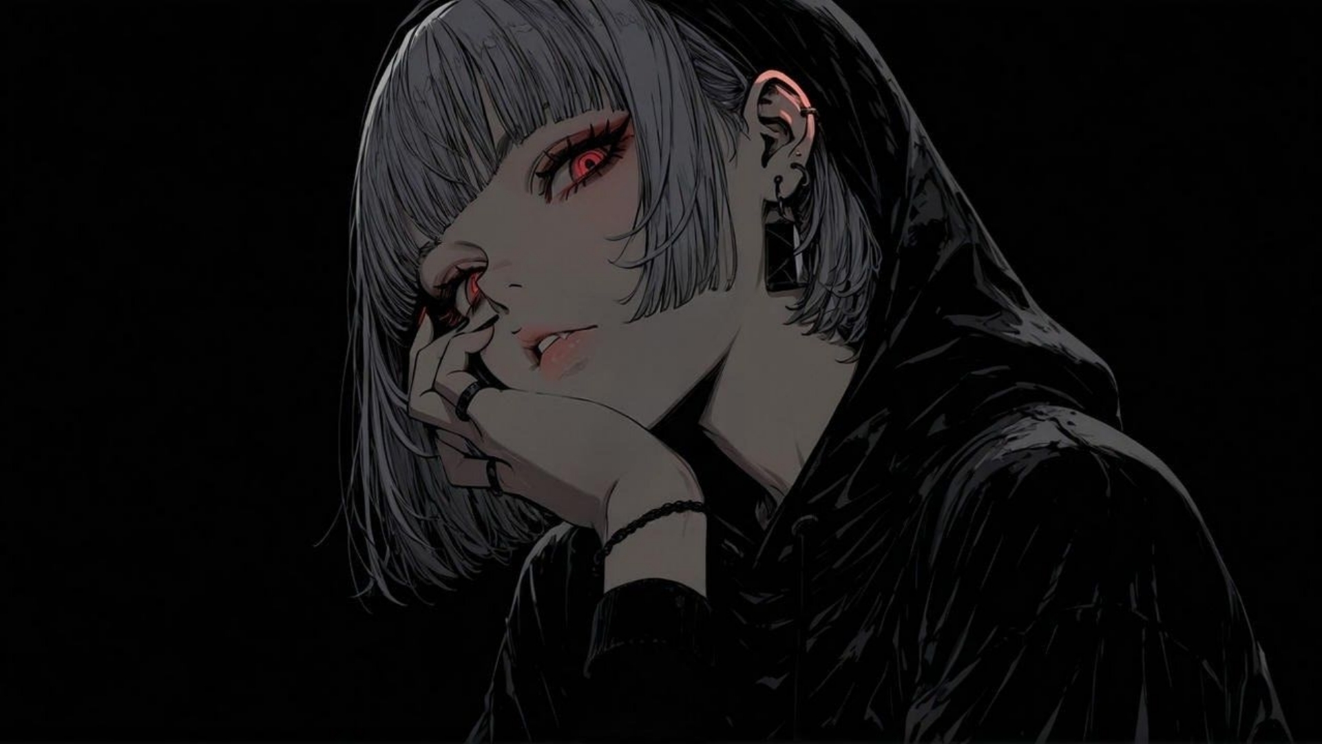 Midnight Gaze Anime Girl on Deep Black Background - backiee