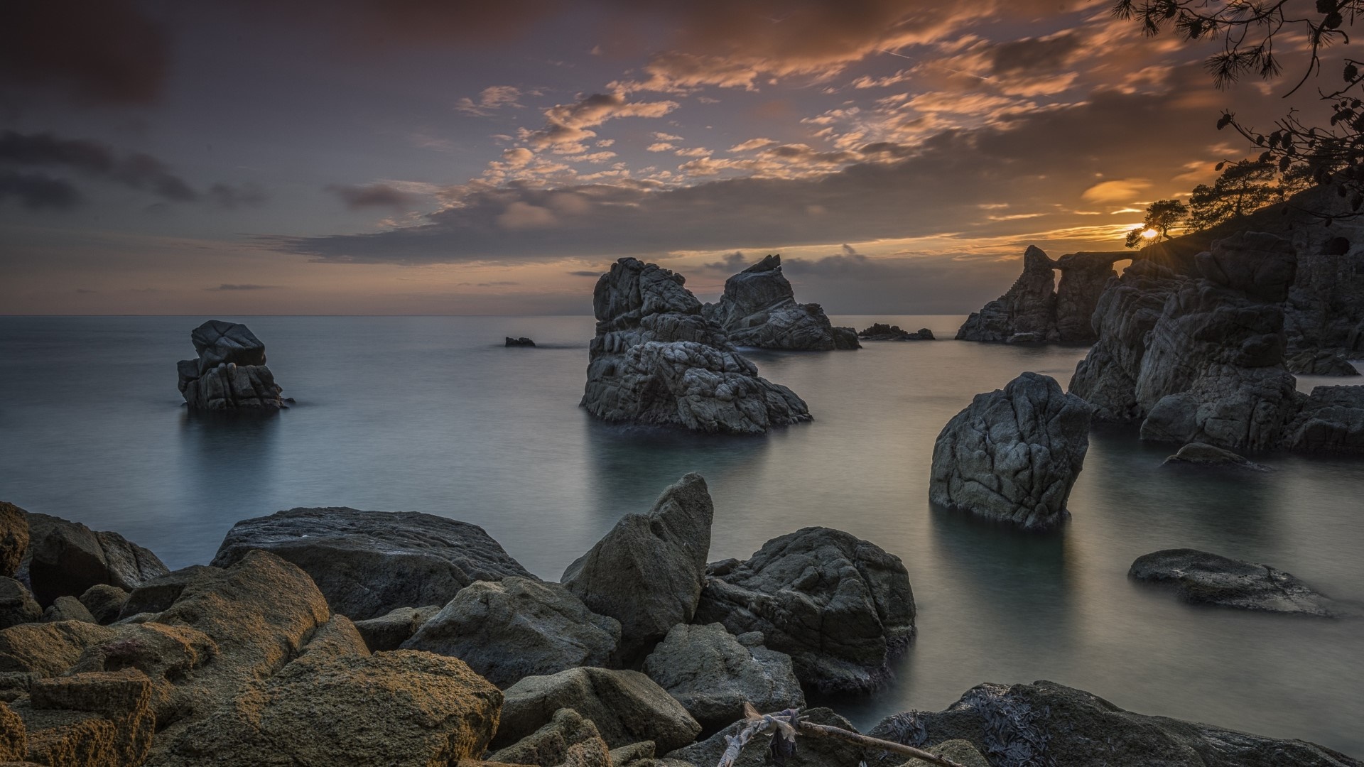 Silent Sea Stacks at Dusk Beneath a Painted Sky - backiee