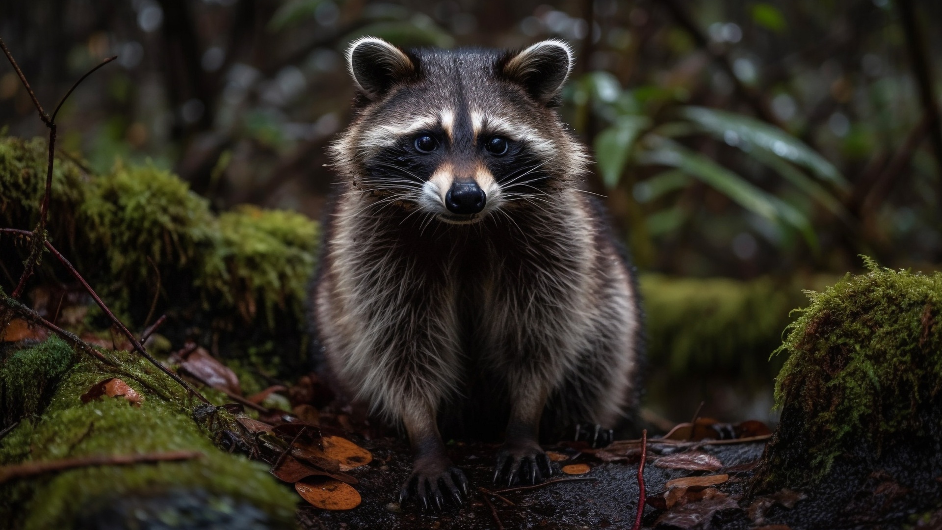 Foreshadow Racoon Curious Forest Raccoon in Soft Mossy Shadows - backiee