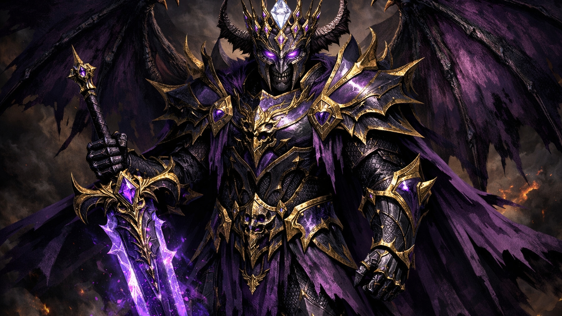 Crowned Demon King in Purple Armour with Winged Shadowed Majesty - backiee