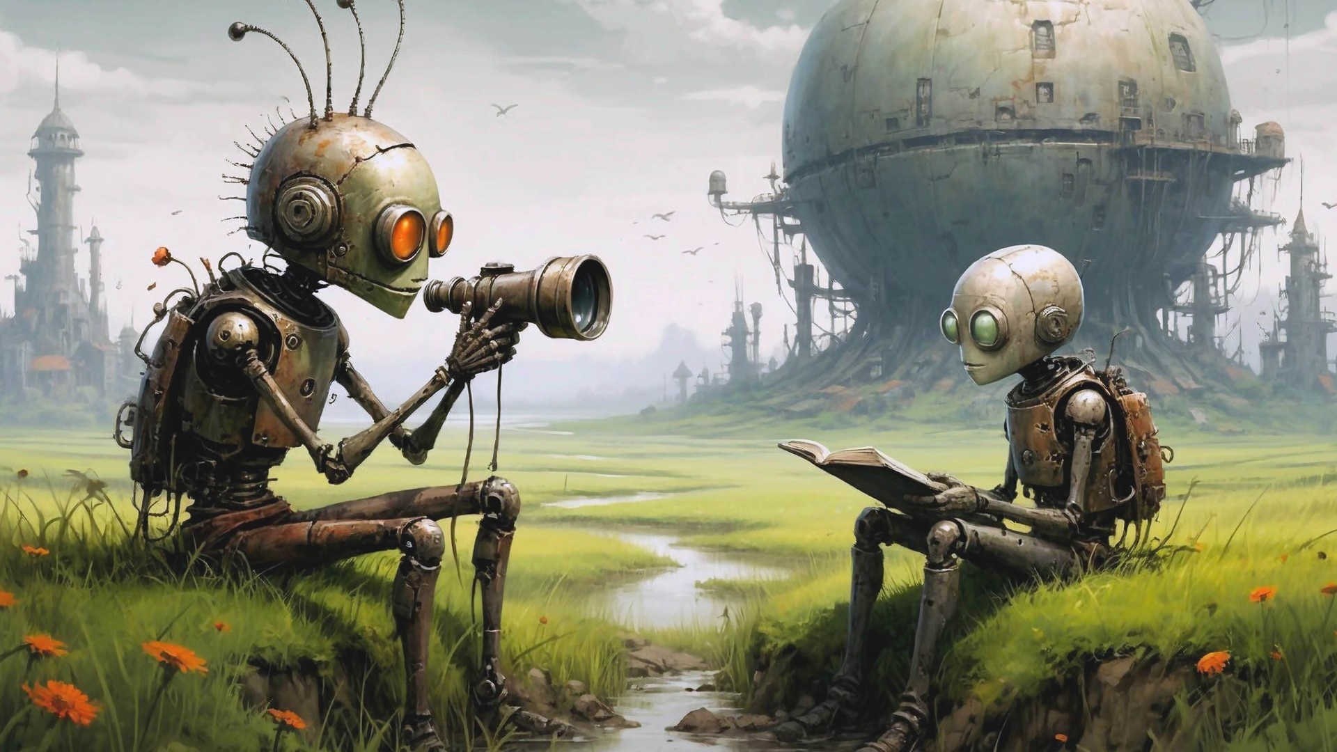 Rustborn Robots Reading Beyond the Ruins in a Gentle Steampunk Dawn ...