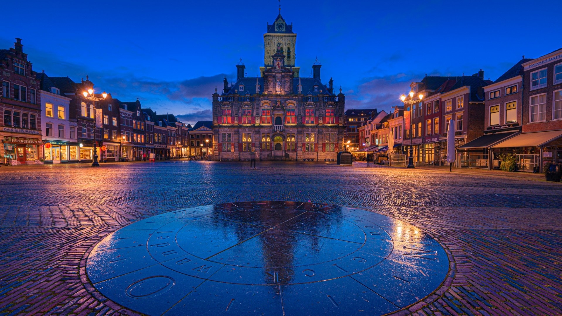 Stadhuis Delft Glows Over Markt Square at Blue Hour Night - backiee