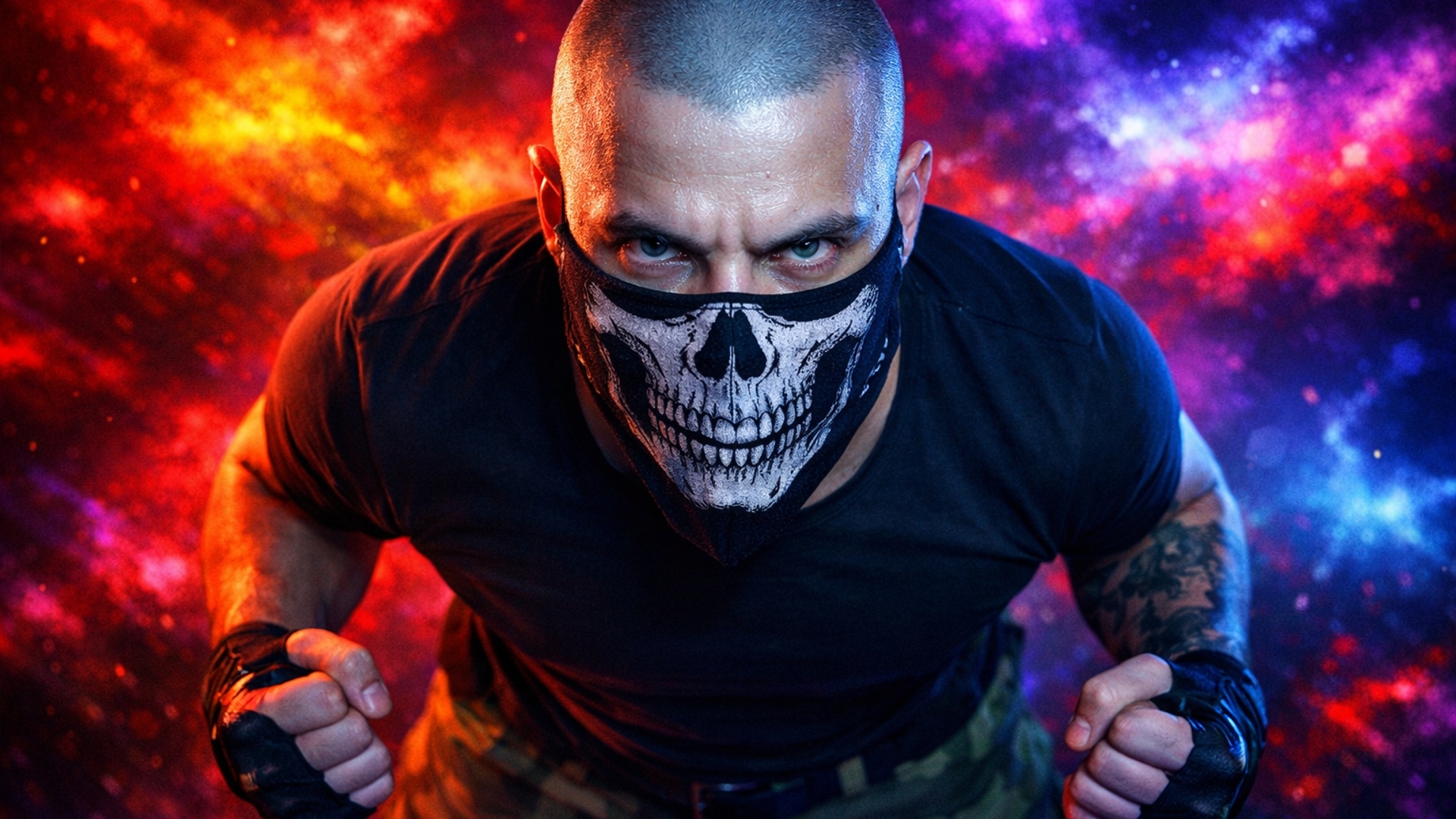 Skull Masked Warrior Charging Through Neon Cosmic Storms - backiee