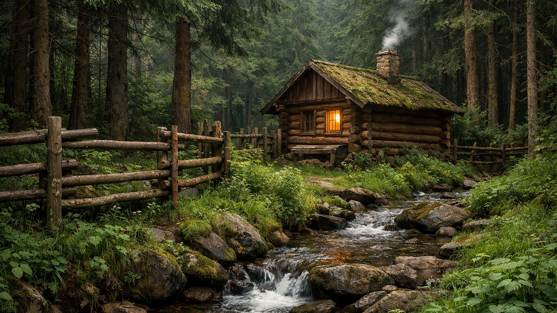 Cozy Woodland Cabin Beside a Whispering Stream at Dusk - backiee